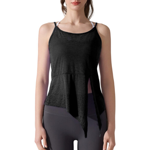 Womens Side Split Spaghetti Strap Sheer Workout Tank-Black XL