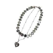 Romantics French Inspired Beaded Heart Pendant Necklace-Gray