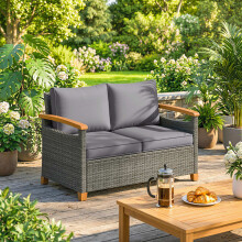 Outsunny 2 Seater Rattan Garden Sofa with Acacia Wood Armrests, Dark Grey