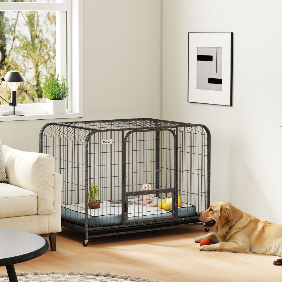 Pawhut Heavy Duty Dog Crate, Large Dog Cage With Wheels And Tray