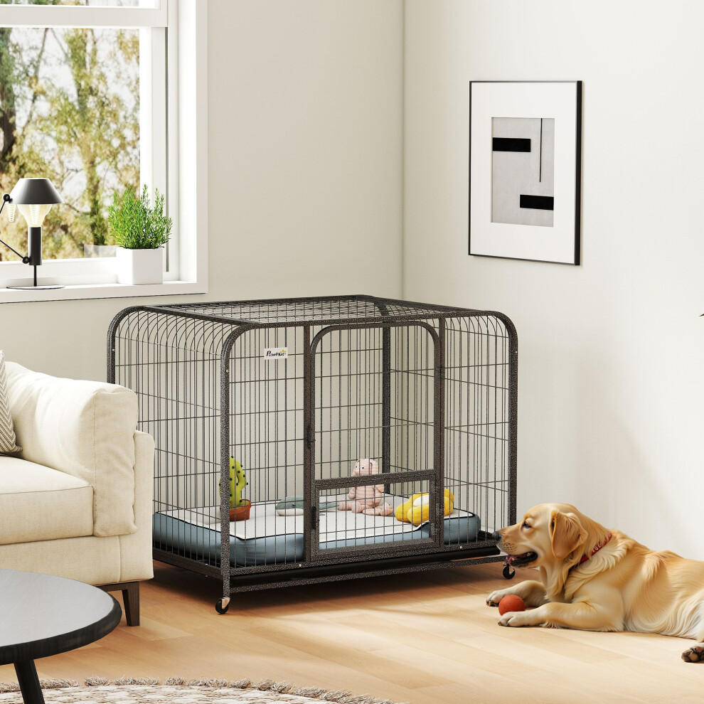 Pawhut Heavy Duty Dog Crate, Large Dog Cage With Wheels And Tray