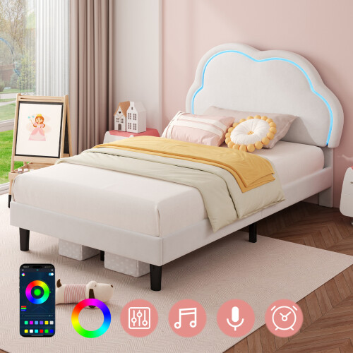 (3ft, Velvet, White) Single Upholstered Bed with LED, Adjustable Cute Cloud Headboard, Soft Bed Frame with Solid Wood Slat