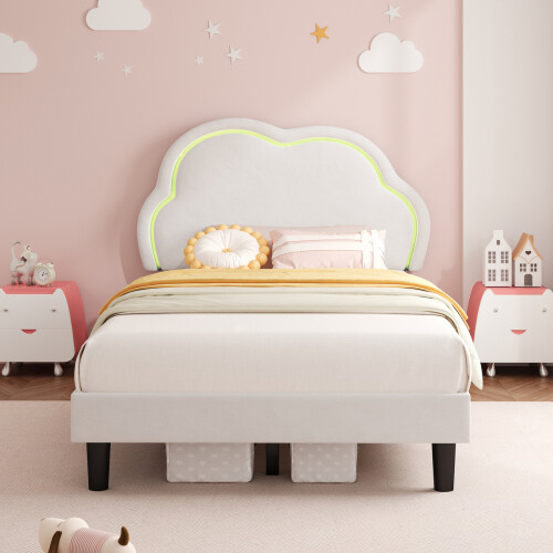(3ft, Velvet, White) Single Upholstered Bed with LED, Adjustable Cute Cloud Headboard, Soft Bed Frame with Solid Wood Slat 1