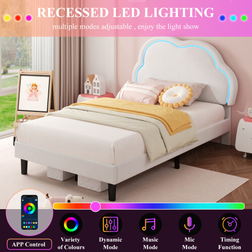 (3ft, Velvet, White) Single Upholstered Bed with LED, Adjustable Cute Cloud Headboard, Soft Bed Frame with Solid Wood Slat 2