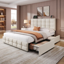 (4ft6, Velvet, Beige) Double Bed with 4 Storage Drawers, Upholstered Bed Frame with Charging Station, Adjustable Headboard
