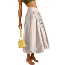 Women's Bubble Long Skirt Elastic Waist A-Line Pleated-Ivory L