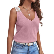 Women's V-neck lace-trimmed sleeveless camisole casual-Pink XL