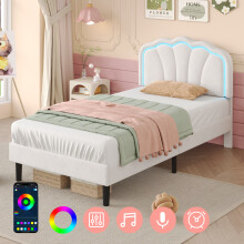 (3ft, Velvet, White) Single Upholstered Bed with LED Adjustable Shell Shape Headboard, Single Bed Frame with Solid Wood Slat