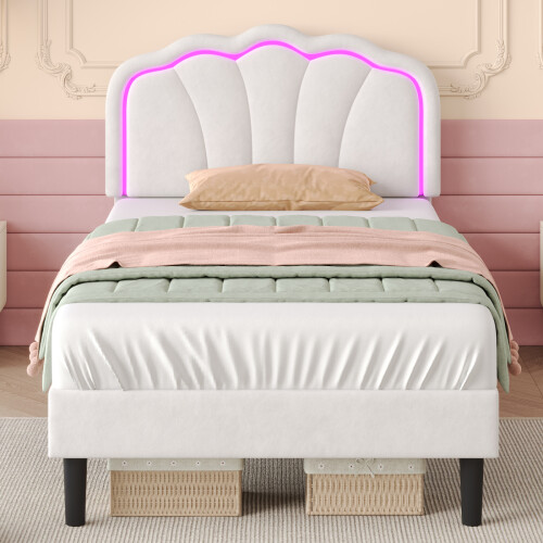 (3ft, Velvet, White) Single Upholstered Bed with LED Adjustable Shell Shape Headboard, Single Bed Frame with Solid Wood Slat 1