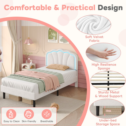 (3ft, Velvet, White) Single Upholstered Bed with LED Adjustable Shell Shape Headboard, Single Bed Frame with Solid Wood Slat 2