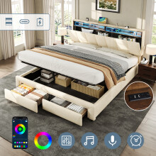 (5ft, Linen, Beige) King Upholstered Bed Frame with Hydraulic and Drawers Storage, LED&USB Adjustable Headboard Storage