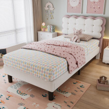 (3ft, Velvet, Beige+Pink) Upholstered bed, Children's bed with biscuit shape velvet backrest, Single bed