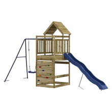 Área de juegos exterior con columpios, tobogán, estructuras robustas, juegos de jardín 454 x 199 x 249 cm de madera de pino impregnada.