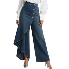 Women's Wide Leg Trousers with Button Detail Wrap-Dark Blue XL