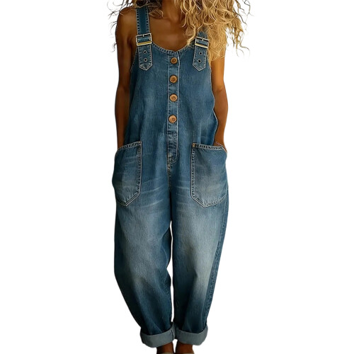 Women Polyester Jumpsuit Comfortable Stretch Fabric-Blue S