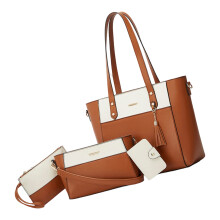 4-teilige Damen-PU-Handtasche, geräumige Umhängetasche-weißbraun