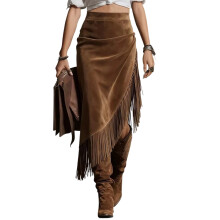Women Solid Color Suedes Skirt Fringe Suedes Skirt-dark brown S