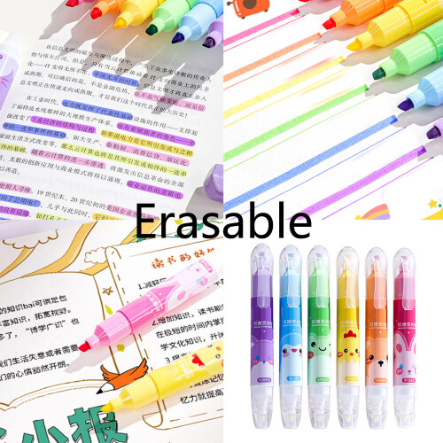 6Pcs Double Tip Erasable Highlighters Oblique Head Fluorescence 1