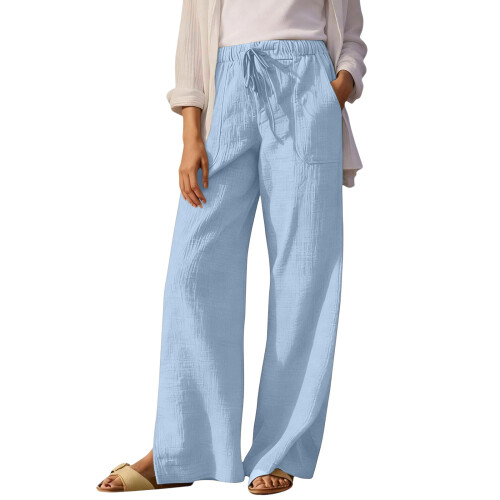 Women HighWide Leg Pants Drawstring Side Slit-Light  Blue L