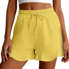 Linen Shorts for Women High Waist Drawstring Ruffle -Yellow XL