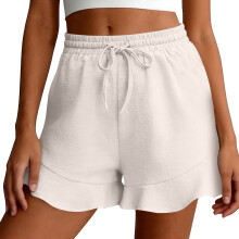 Linen Shorts for Women High Waist Drawstring Ruffle -Beige XXL