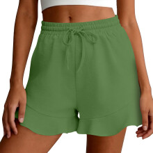 Linen Shorts for Women High Waist Drawstring Ruffle -Green L