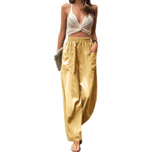 Womens Baggy Wide Leg Pants Casual Elastic Pants with-Yellow S