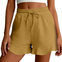Linen Shorts for Women High Waist Drawstring Ruffle -Brown M