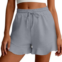 Linen Shorts for Women High Waist Drawstring Ruffle -Gray M