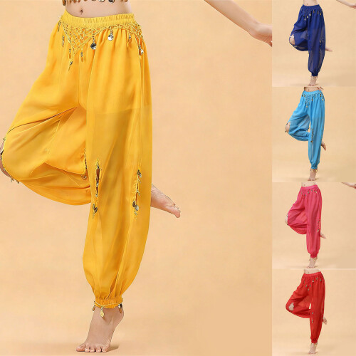 Belly Dance Lantern Pants with Coins Split Harems Pants-Black 1