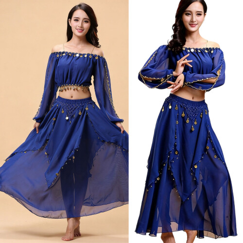 2pcs Comfortable Belly Dance Performances Set Long-Lake Blue 2