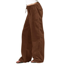 Wide Leg Pants for Women Baggy Drawstring Long-Dark Brown M