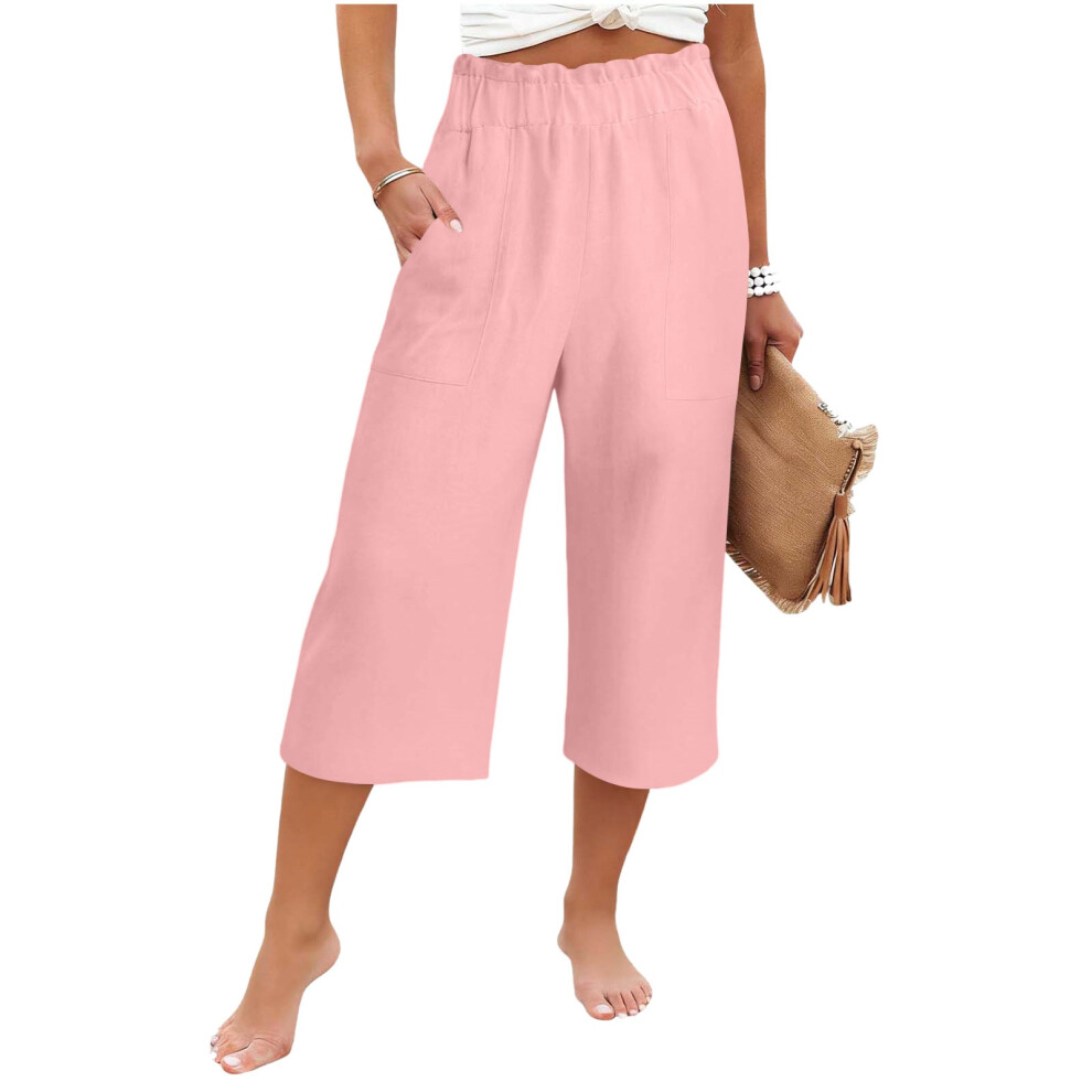 Pink Women's High Elastic Waist Pants, Drawstring Wide-Leg- Xxl