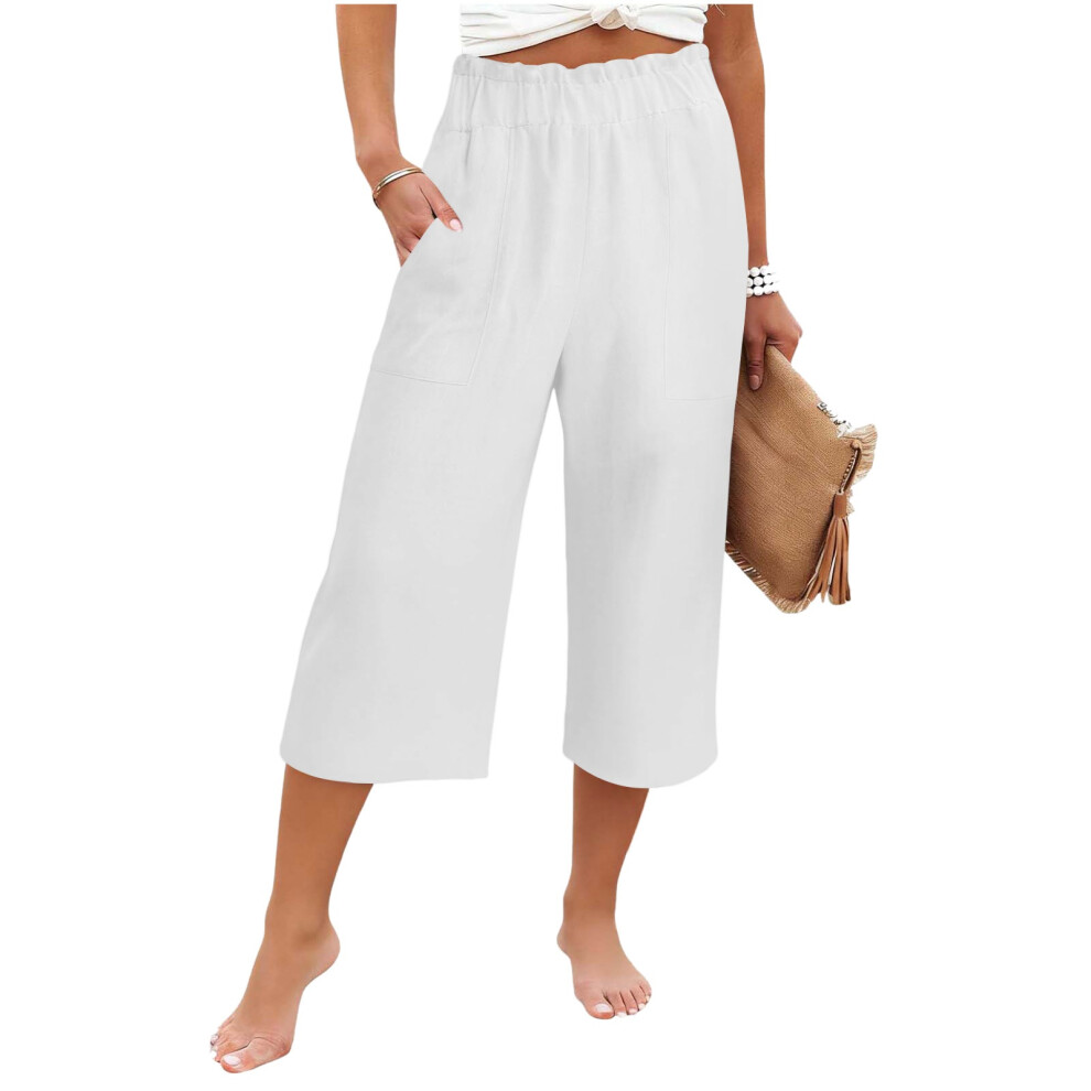 White Women's High Elastic Waist Pants, Drawstring Wide-Leg- Xl