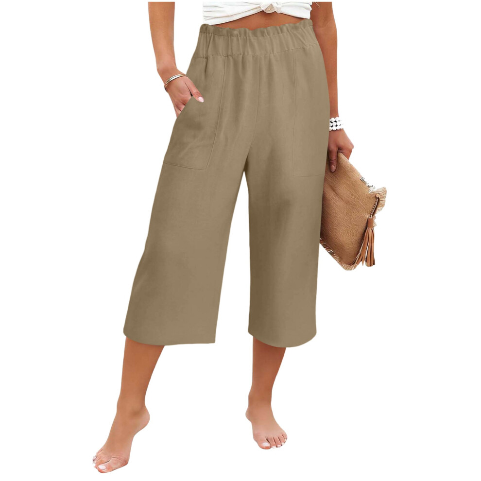 Women's High Elastic Waist Pants, Drawstring Wide-Leg-Khaki S