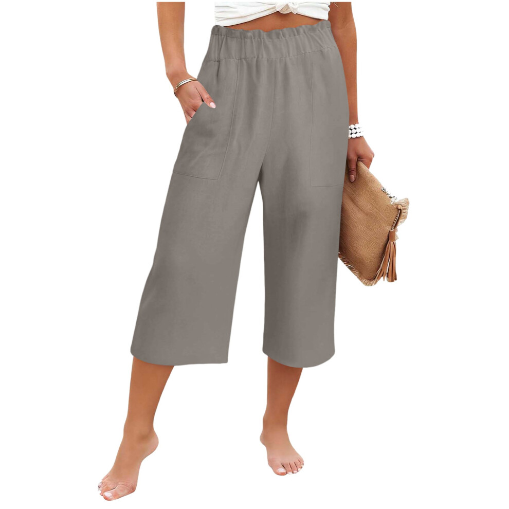 Gray Women's High Elastic Waist Pants, Drawstring Wide-Leg- Xxl