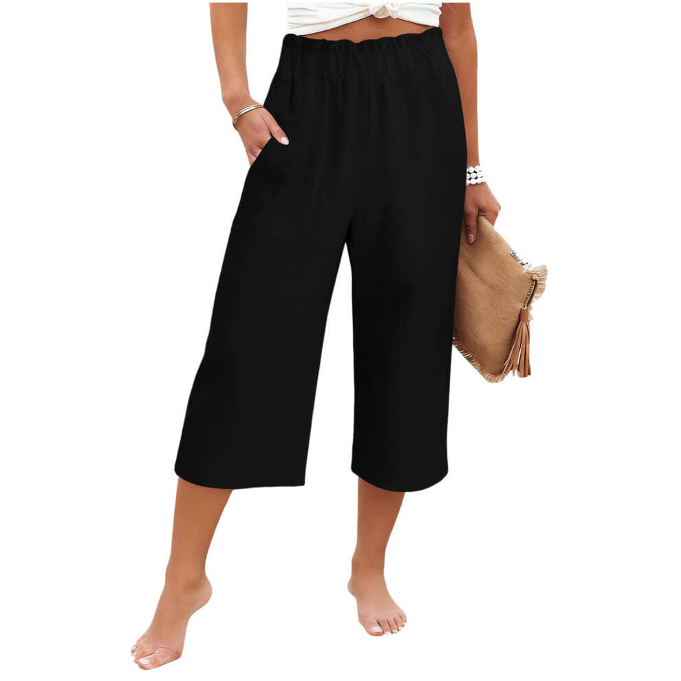 Black Women's High Elastic Waist Pants, Drawstring Wide-Leg- L