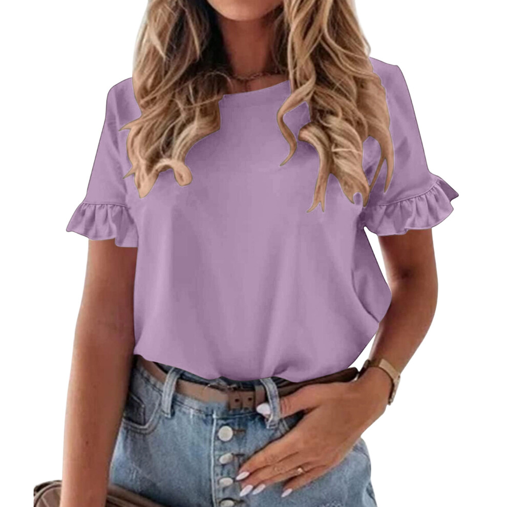 Purple Women's Color Short-Sleeved Ruffle Round Neck T-Shirt- Xl