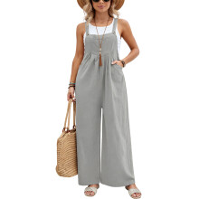 Women Casual Loose Long Wide Leg Pants Jumpsuits-light gray S