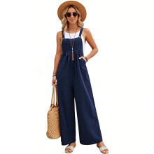Women Jumpsuits Summer Overalls Sleeveless Wide Leg-Dark Blue L