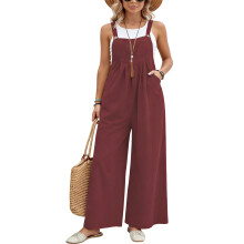 Women Casual Loose Long Wide Leg Pants Jumpsuits-Burgundy XXL