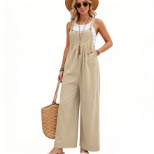 Bib Wide Leg Pants Jumpsuits Summer Sleeveless Rompers-Khaki XL