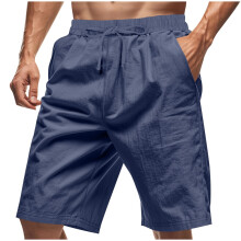 Mens Cotton Linen Shorts Casual Drawstring Shorts-Blue S