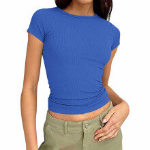 T-shirt à manches courtes et col côtelé pour femme-Bleu M