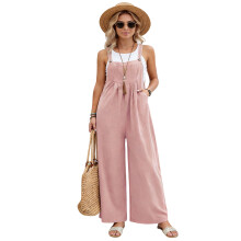 Casual Loose Overalls Jumpsuits One Pieced Sleeveless-Pink S