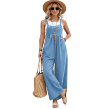 Women Casual Loose Long Wide Leg Pants Jumpsuits-Light Blue S