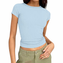 T-shirt à manches courtes et col côtelé pour femme-Bleu ciel S