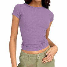 T-shirt à manches courtes et col côtelé pour femme-Violet L