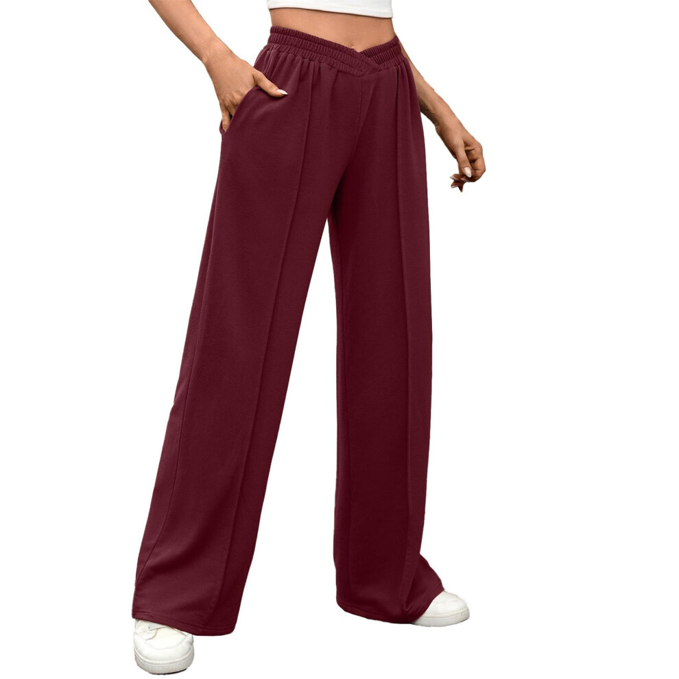 Wide Leg Dress Pants Women's High Elastic Waist-Burgundy XXL