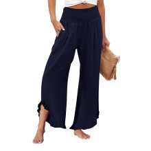 Women's linen wide-leg trousers with pleats,-Navy Blue XXL